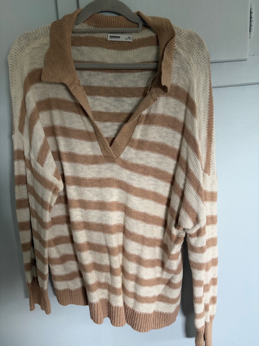 Sonoma Cream and Tan Striped V-Neck Pullover Sweater